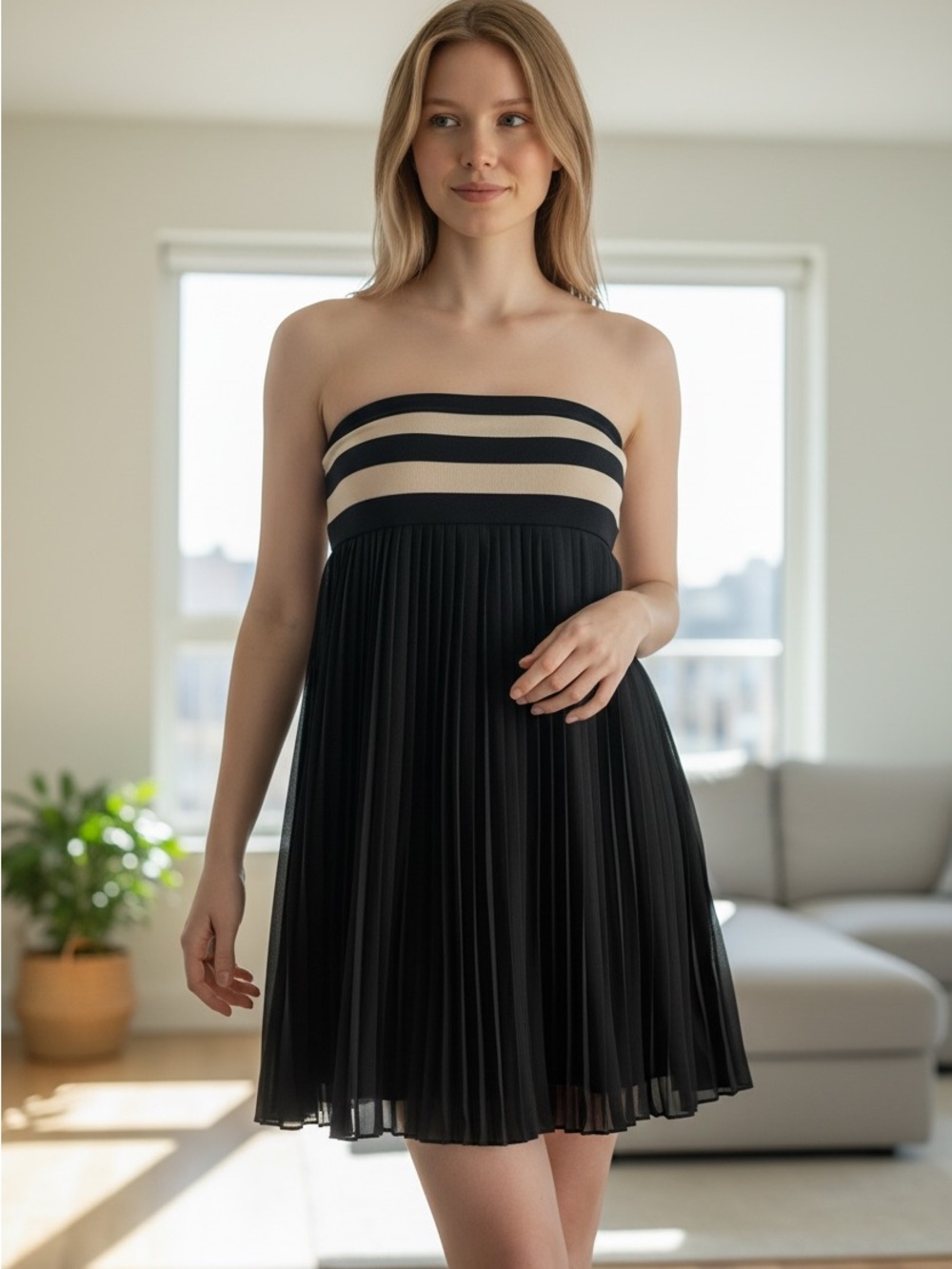 Alice + Olivia Black Strapless Pleated Mini Dress with Cream Stripe size S